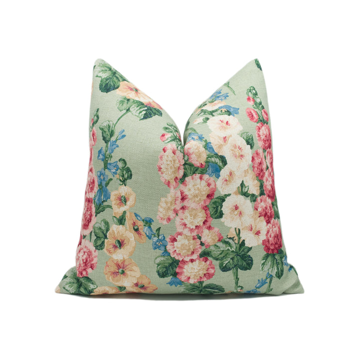 Sanderson - Hollyhocks - Sage / Rose - Vintage Floral Linen