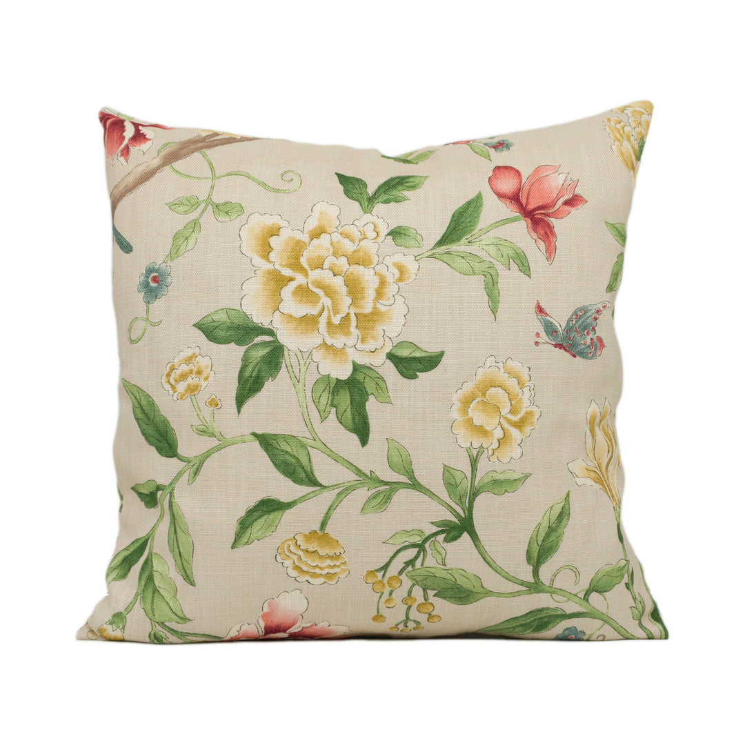 Sanderson - Porcelain Garden - Red / Beige - Delicate Floral and Bird Cushion Cover - Handmade Throw Pillow - Designer Home Décor.