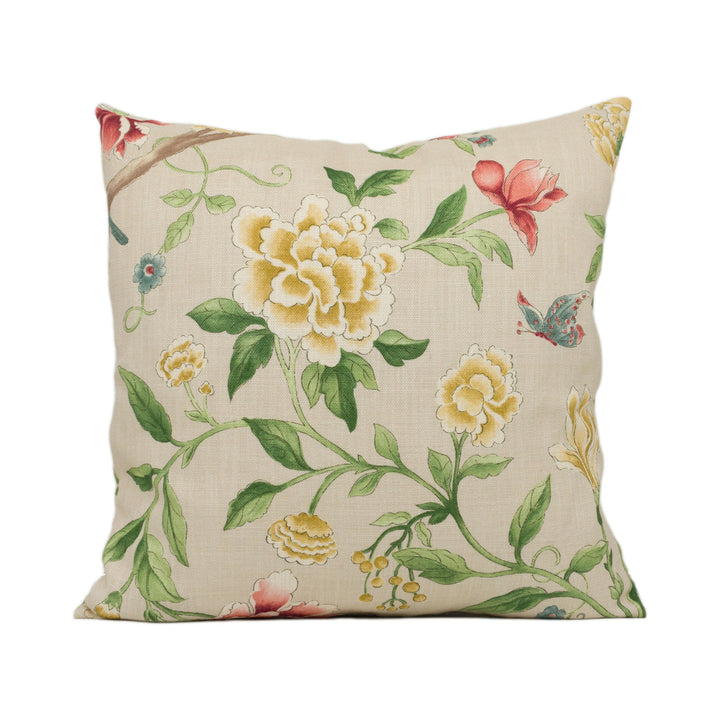 Sanderson - Porcelain Garden - Red / Beige - Delicate Floral and Bird Cushion Cover - Handmade Throw Pillow - Designer Home Décor.