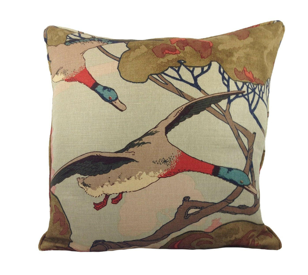 Mulberry - Flying Ducks - Sky Linen - Majestic Mallard Duck Art Deco Designer Cushion Cover - Luxury Throw Pillow - Handmade Home Decor.