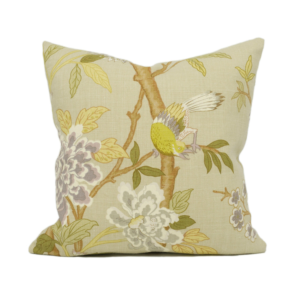 GP & J Baker - Hydrangea Bird - Taupe / Mauve - Exotic Chinese Inspired Cushion Cover - Handmade Throw Pillow - Designer Home Décor.