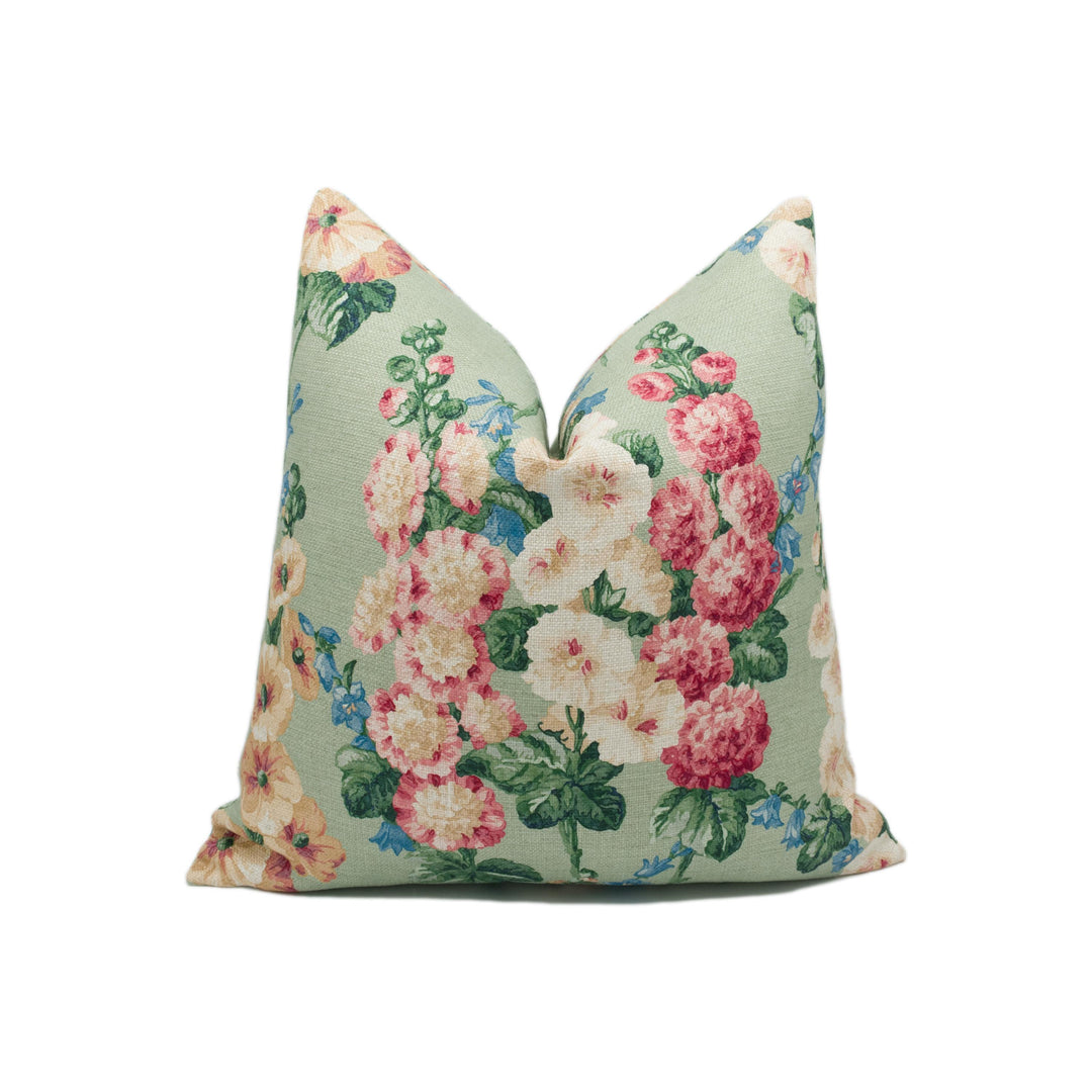 Sanderson - Hollyhocks - Sage / Rose - Vintage Floral Linen