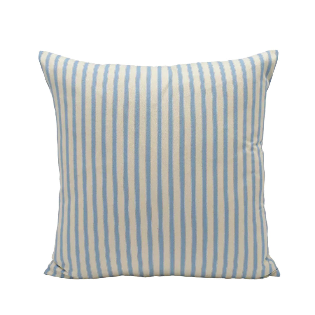 A square throw pillow with a striped pattern in shades of blue and white.