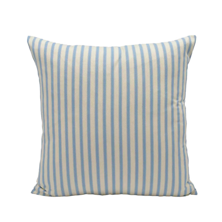 A square throw pillow with a striped pattern in shades of blue and white.