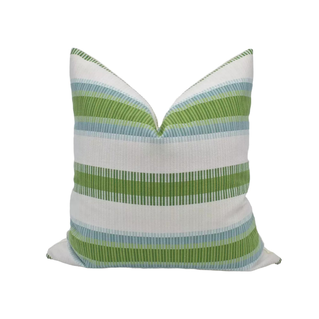A white and green striped pillow with a pointed top.
