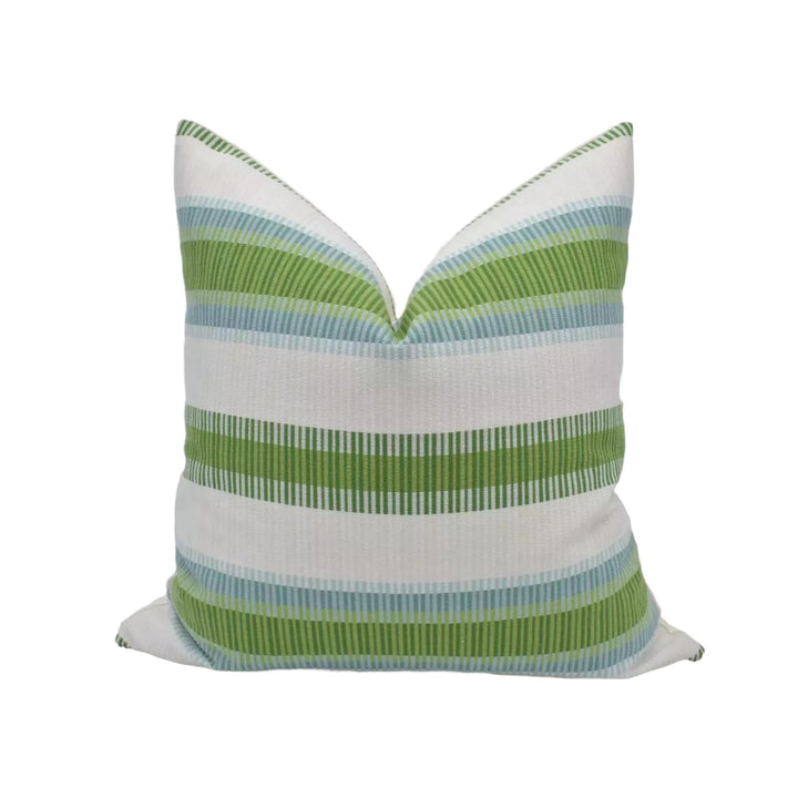 A white and green striped pillow with a pointed top.