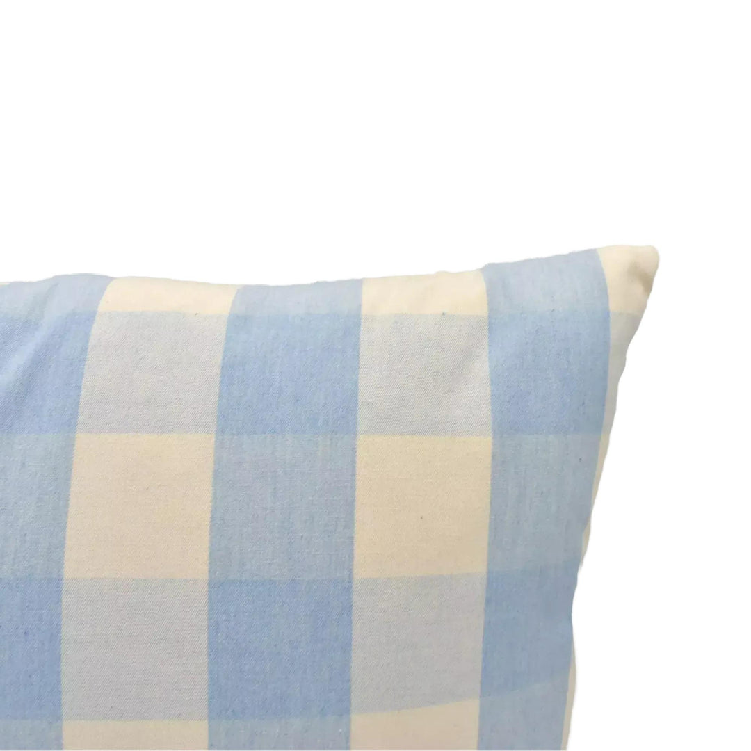 A pillow with a blue and white checkered pattern is shown against a plain white wall.