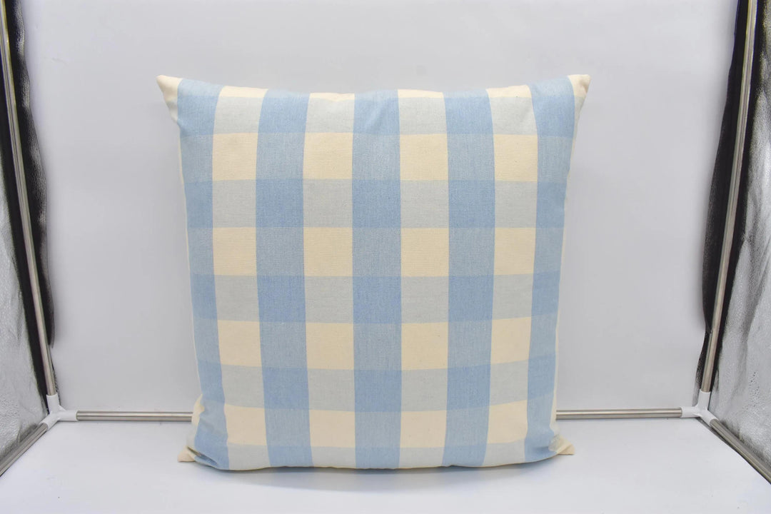 A blue and white checkered pillow is displayed against a white background.