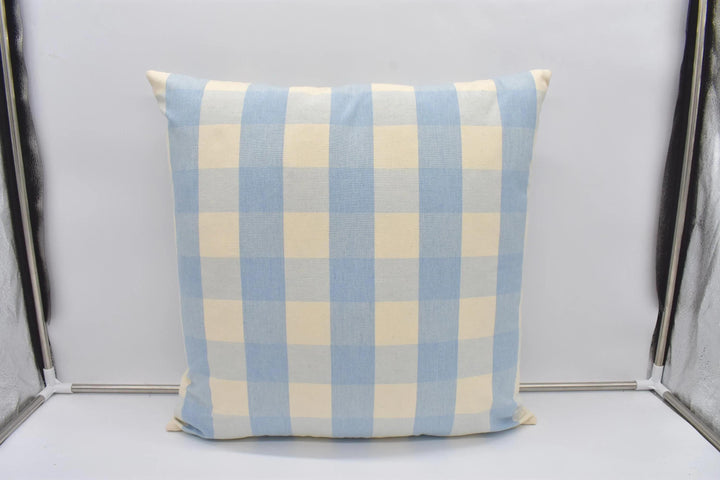A blue and white checkered pillow is displayed against a white background.