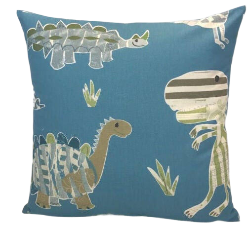 Harlequin - Jolly Jurassic - Ocean / Khaki / Natural - Cute Children's Dinosaur Cushion Cover Handmade Throw Pillow Designer Home Decor.