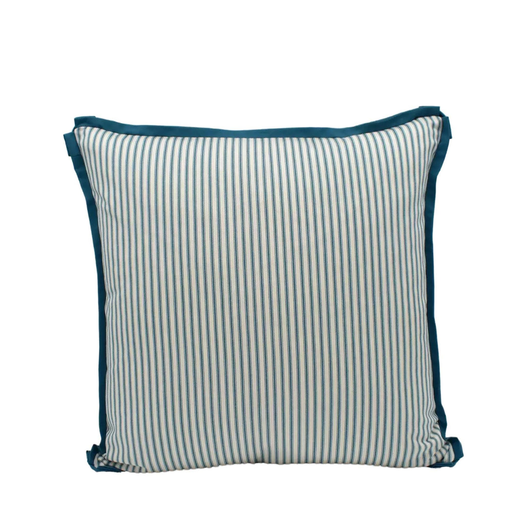 A square throw pillow with a striped pattern in shades of blue and white.