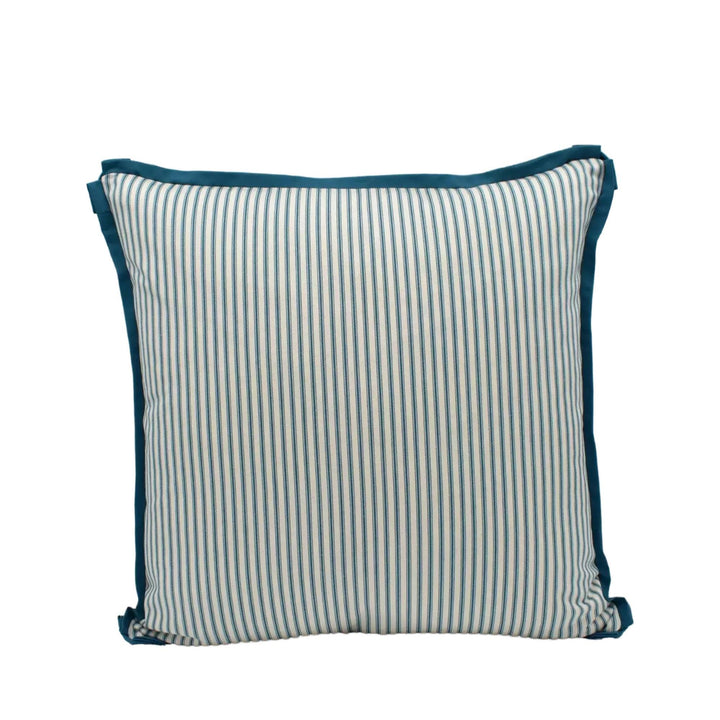 A square throw pillow with a striped pattern in shades of blue and white.