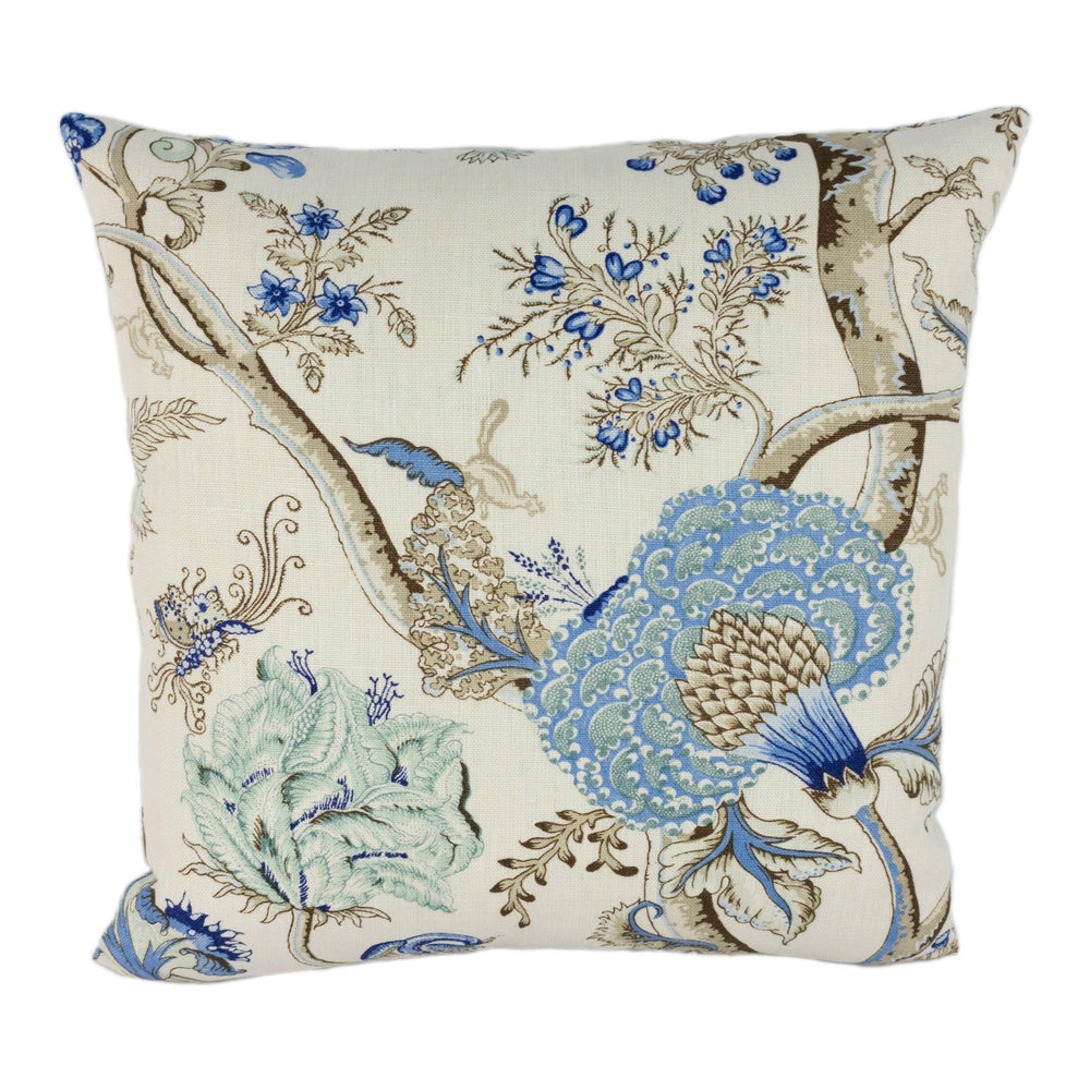 Scalamandre - Pondicherry Linen - Delft - Stunning Indian Tree of Life Floral Designer Cushion Cover Handmade Throw Pillow Luxury Home Decor.