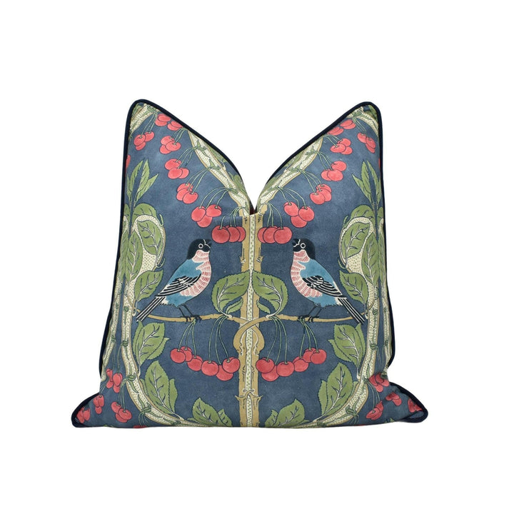 GP and J Baker - Birds & Cherries - Indigo - Charming Espalier Cherry Tree English Garden Designer Cushion Cover - Handmade Throw Pillow.