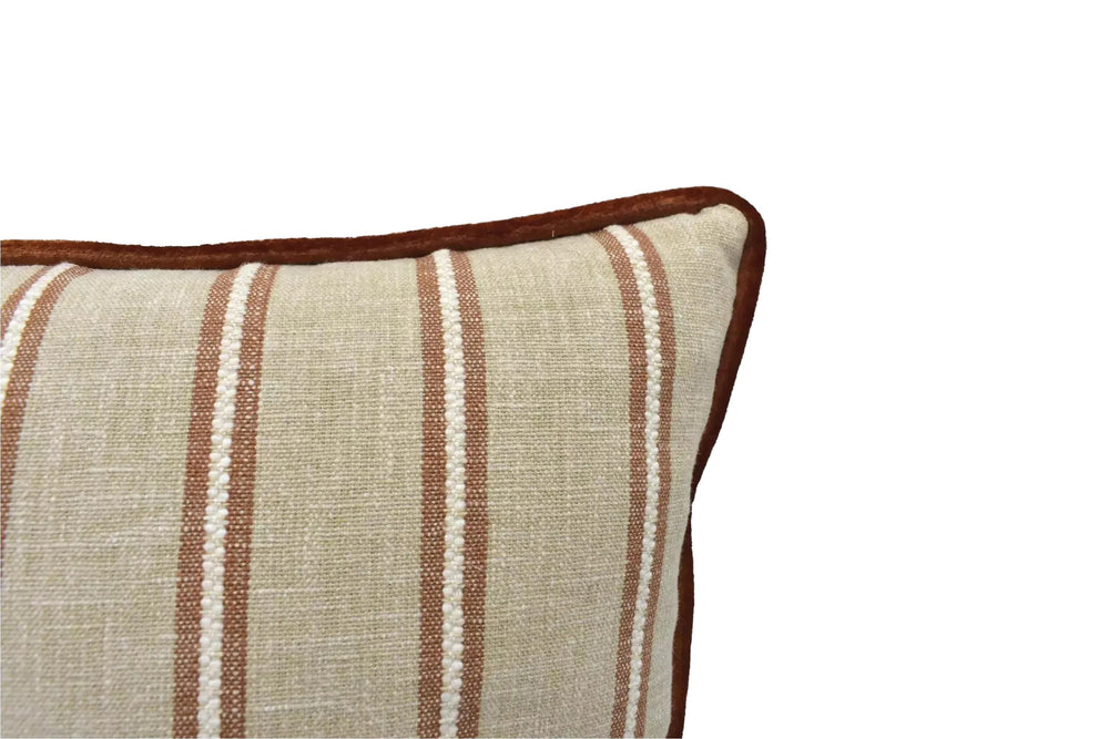 A close-up view of a beige and brown striped pillow with a brown border, set against a plain white background.