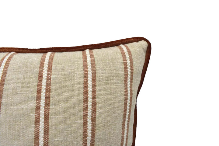 A close-up view of a beige and brown striped pillow with a brown border, set against a plain white background.