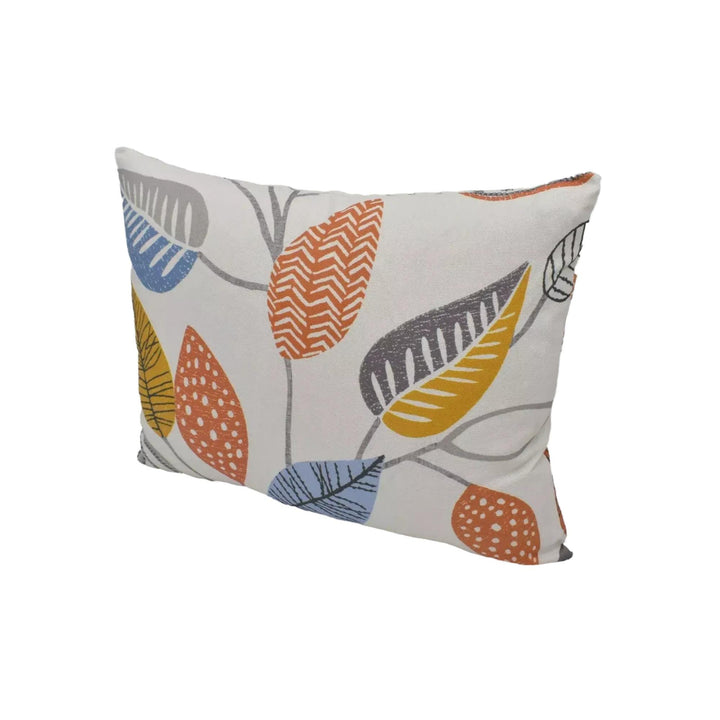 a decorative pillow with a leaf pattern design in various colors, including orange, yellow, and gray.