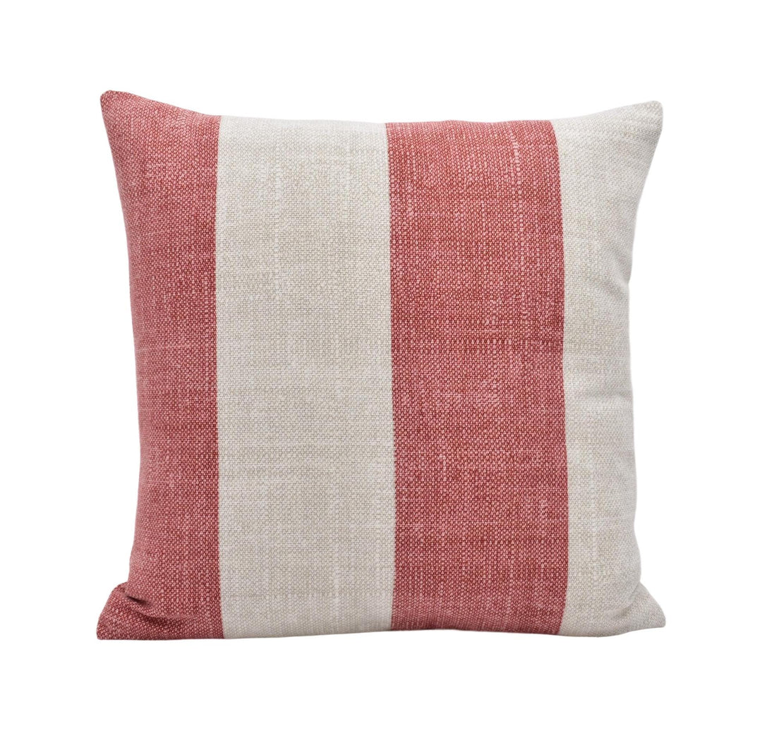 A square throw pillow with a striped pattern in red and beige colors.