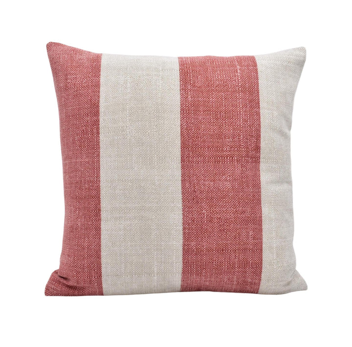 A square throw pillow with a striped pattern in red and beige colors.