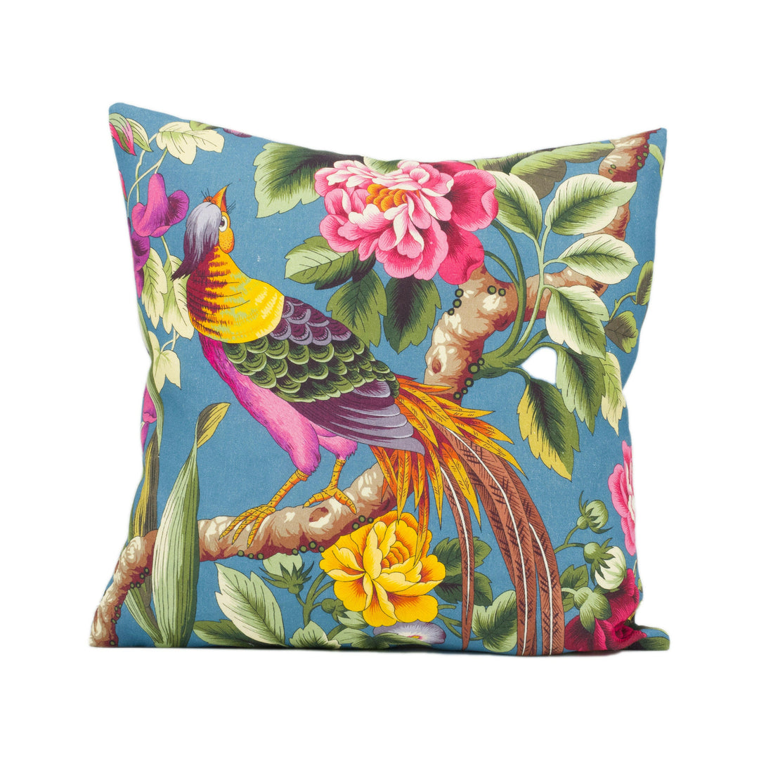 Charles Burger - Toile Pheasans - Multi on Bleu - Bright Florals & Birds Cushion Cover - Handmade Throw Pillow - Designer Home Décor.