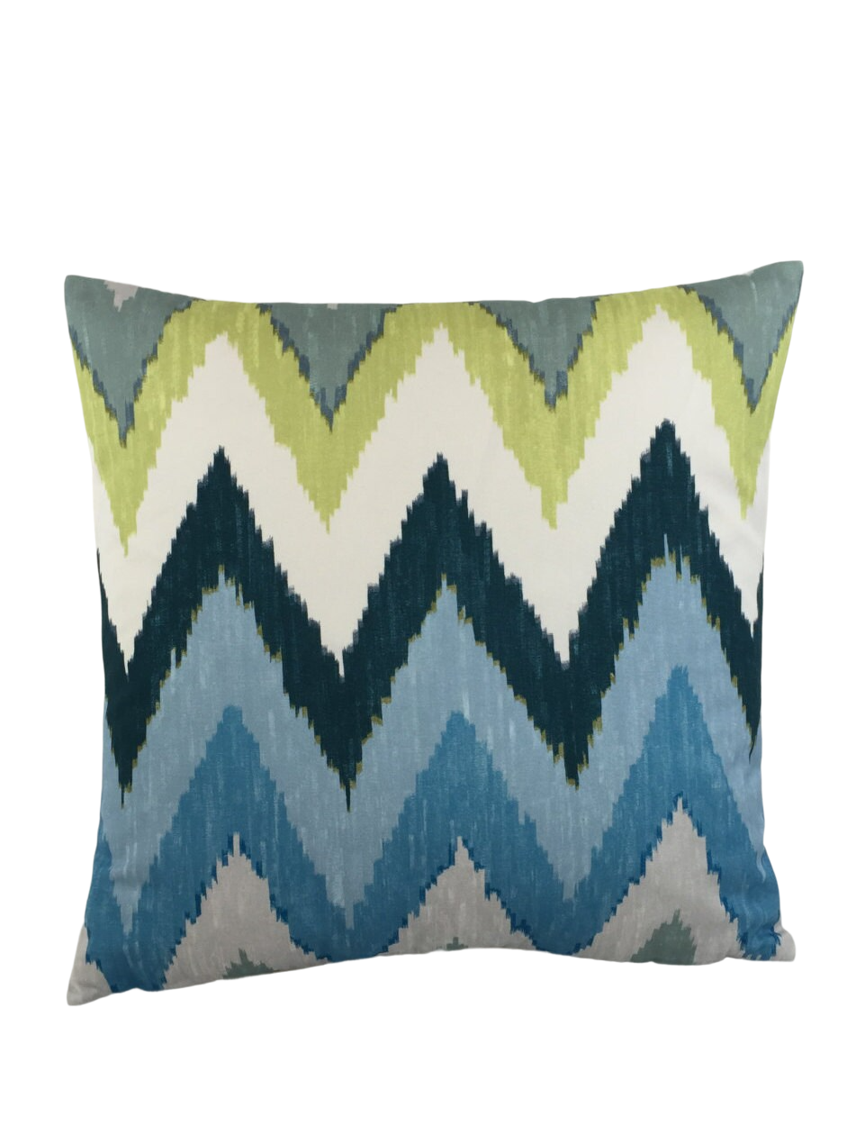 a blue, green, and white pillow with a zigzag pattern