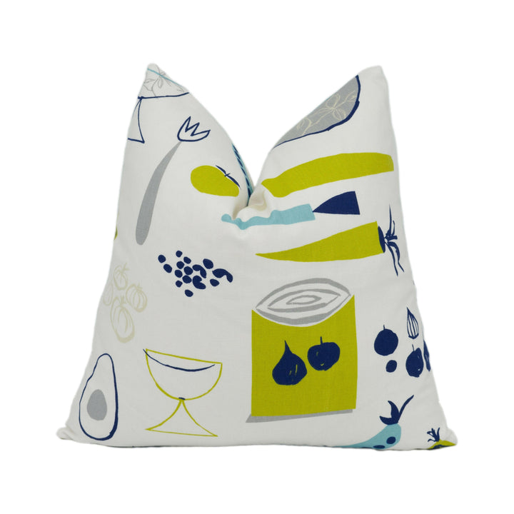 Scion - Carrots & Peas - Chalk / Lime / Teal / Denim - Whimsical Kitchen Cushion Cover - Handmade Throw Pillow Designer Home Décor.