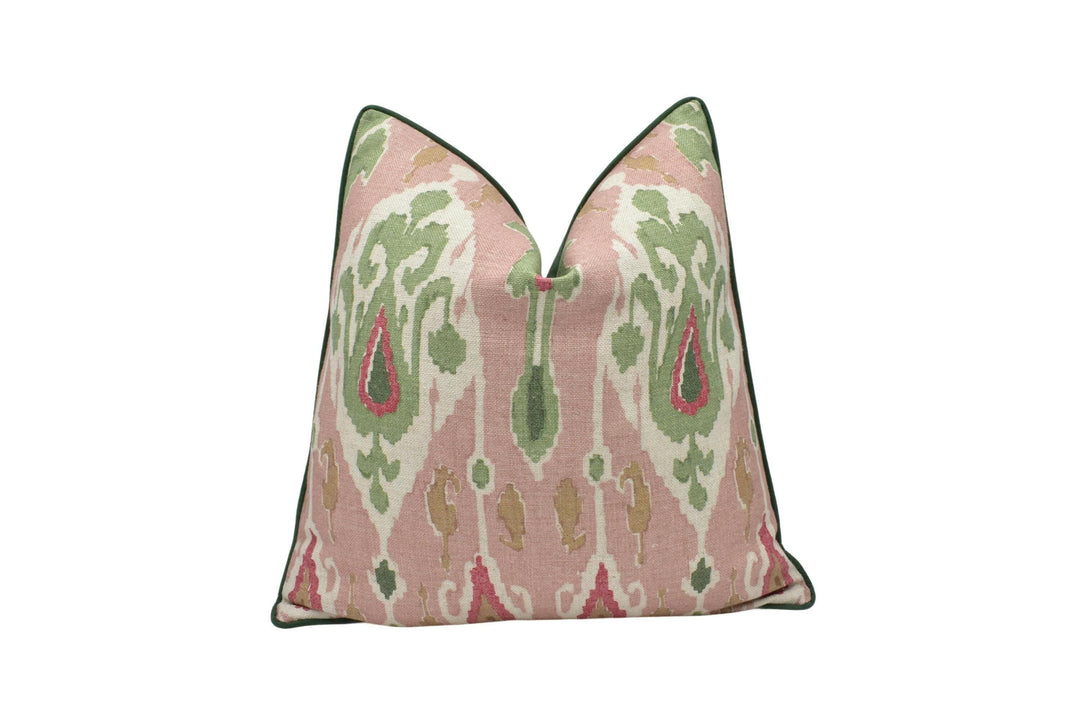 GP & J Baker - Ikat Bokhara - Rose Green - Eastern Silk Road Linen Ikat Designer Cushion Cover - Luxury Throw Pillow - Handmade Home Décor.