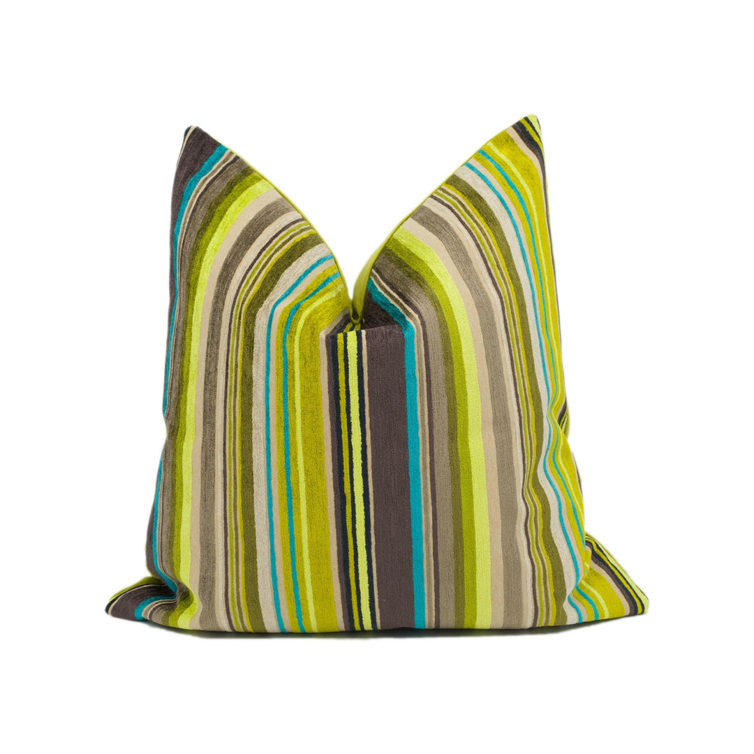 Fun Bright Green and Blue Striped Velvet Cushion Cover - Handmade Throw Pillow - Designer Home Décor.