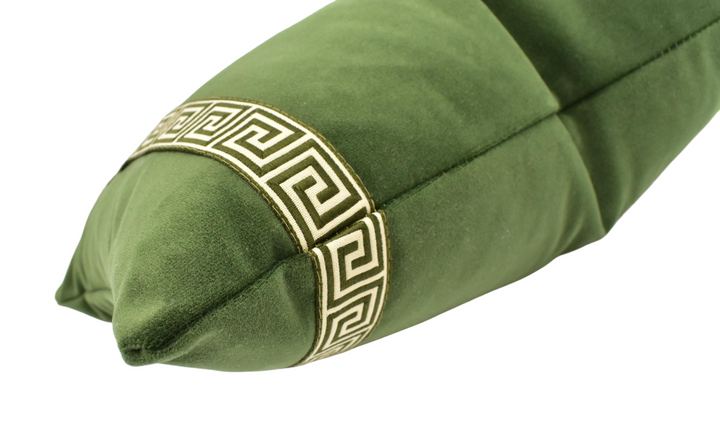 Harlequin - Performance Velvet - Forest - High Quality Luxury Resistant Velvet Cushion Cover - Olive Green Greek Key Tape Trim Custom Pillow.