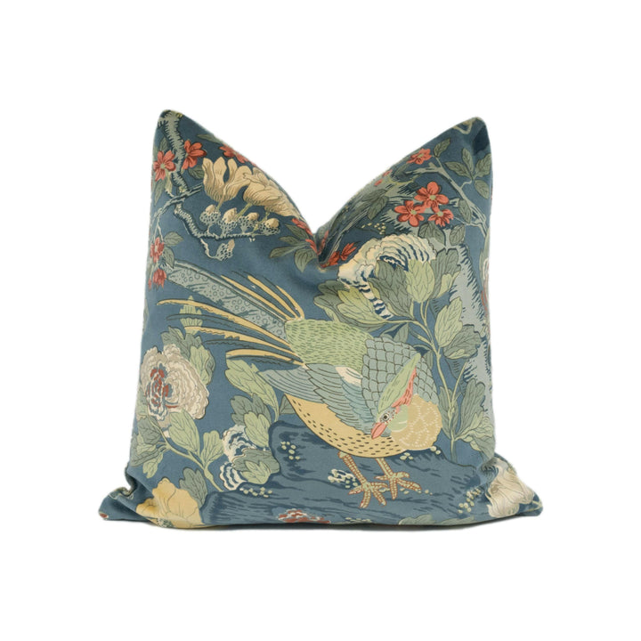 GP & J Baker - Rockbird Velvet - Teal - Exotic Magnolia Tree Pheasant Designer Cushion Cover - Luxury Throw Pillow - Handmade Home Decor.