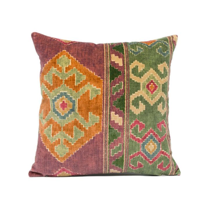 Mulberry - Nomad Velvet - Plum / Green - Ethnic Carpet Inspired Geometric Cushion Cover - Handmade Throw Pillow - Designer Home Décor.