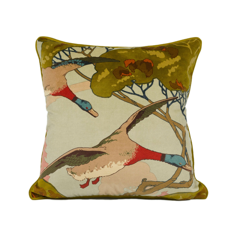 Mulberry - Flying Ducks Velvet - Sky - Majestic Mallard Duck Art Deco Designer Cushion Cover - Luxury Throw Pillow - Handmade Home Decor.