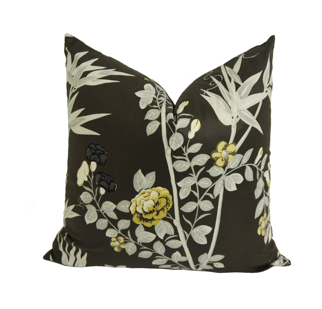 Scalamandre - Jardin De Chine - Espresso - Grand Floral Chinoiserie Designer Cushion Cover - Handmade Throw Pillow - Luxury Home Decor.