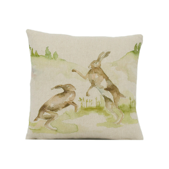 Voyage - Boxing Hares -  Linen - Cute Rabbit Cushion Cover Throw Pillow Designer Home Decor.