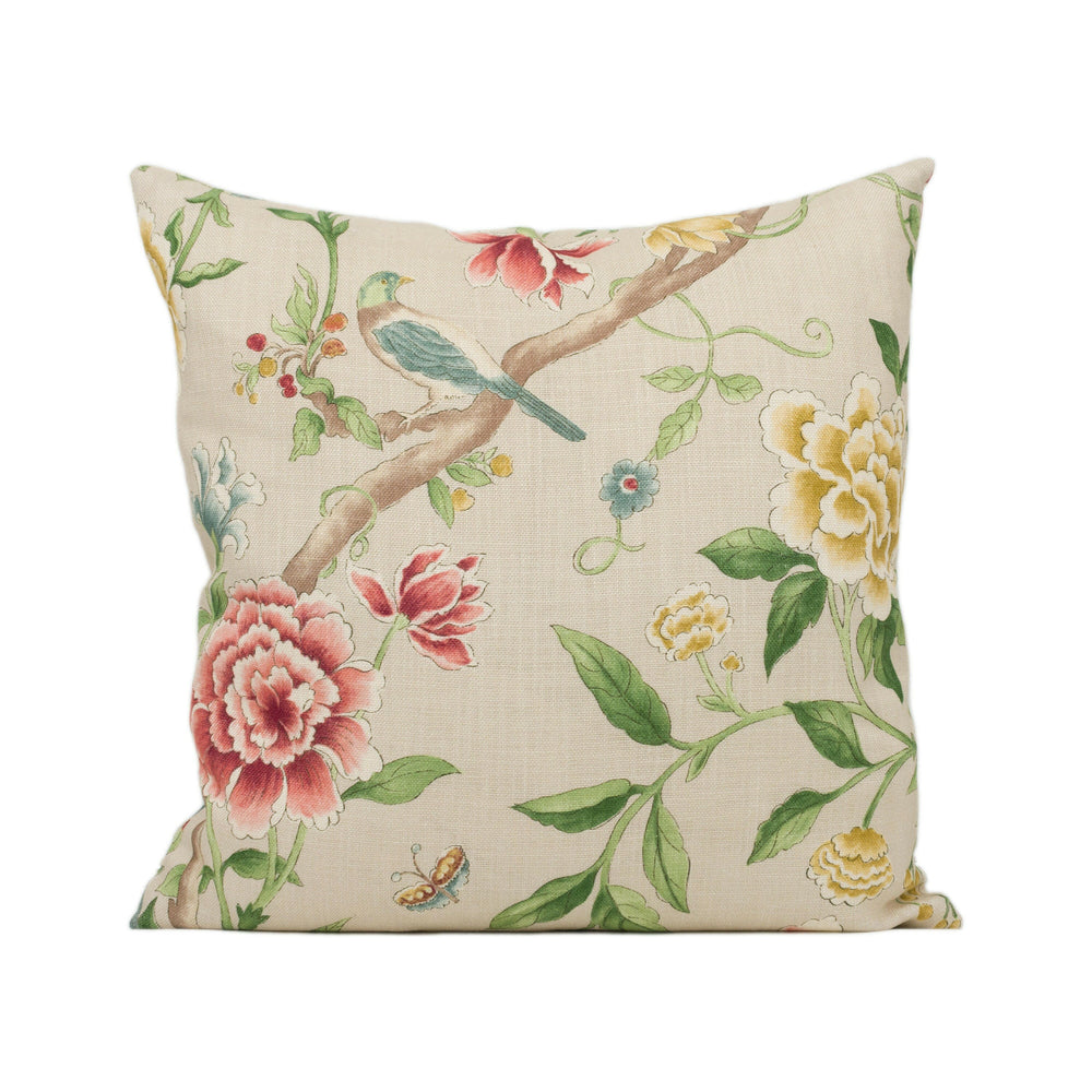 Sanderson - Porcelain Garden - Red / Beige - Delicate Floral and Bird Cushion Cover - Handmade Throw Pillow - Designer Home Décor.