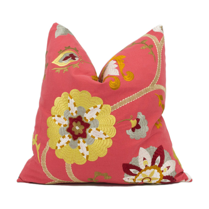 Jane Churchill - Pasillo - Red - Bright Embroidered Floral Vine Cushion Cover - Handmade Throw Pillow - Designer Home Décor.