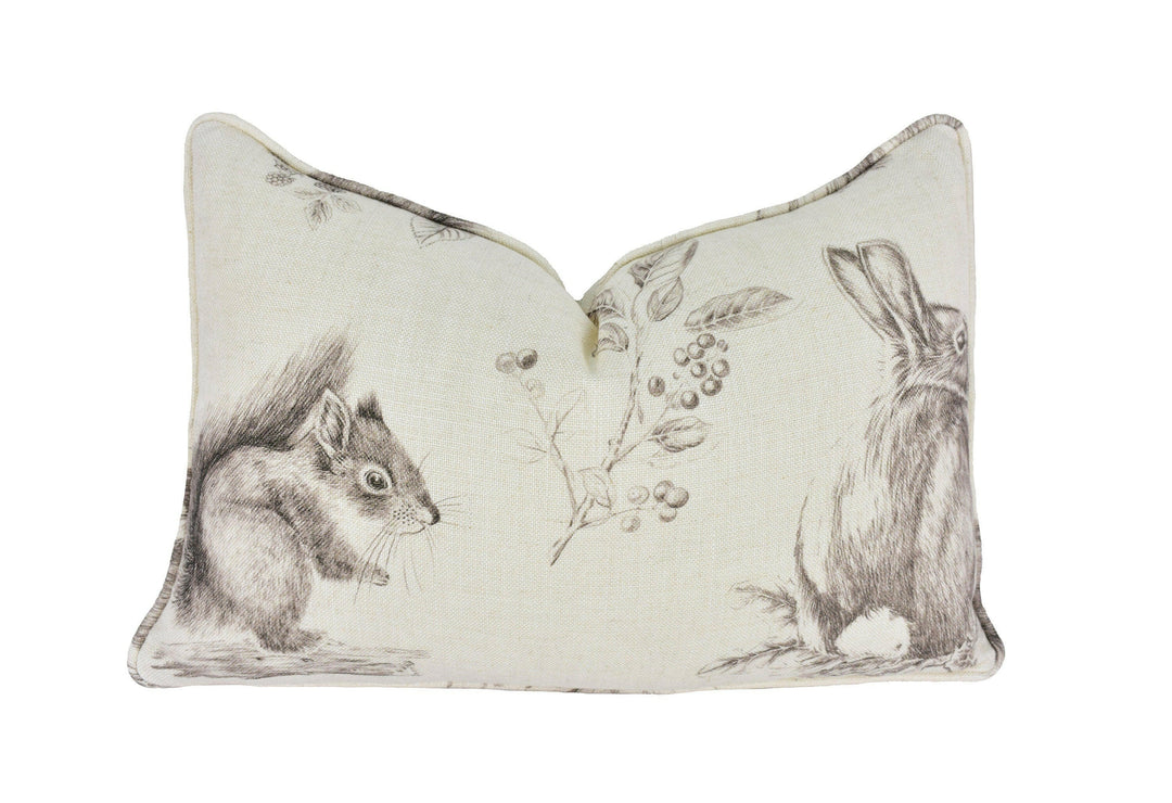 Sanderson - Squirrel & Hedgehog - Walnut / Linen - Self Piped Cushion Cover Throw Pillow Designer Home Decor.