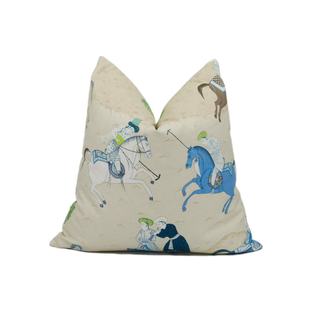 GP & J Baker - Caspian - Teal - Eastern Persian Inspired Horse Polo Scenes Cushion Cover - Handmade Throw Pillow - Designer Home Décor.