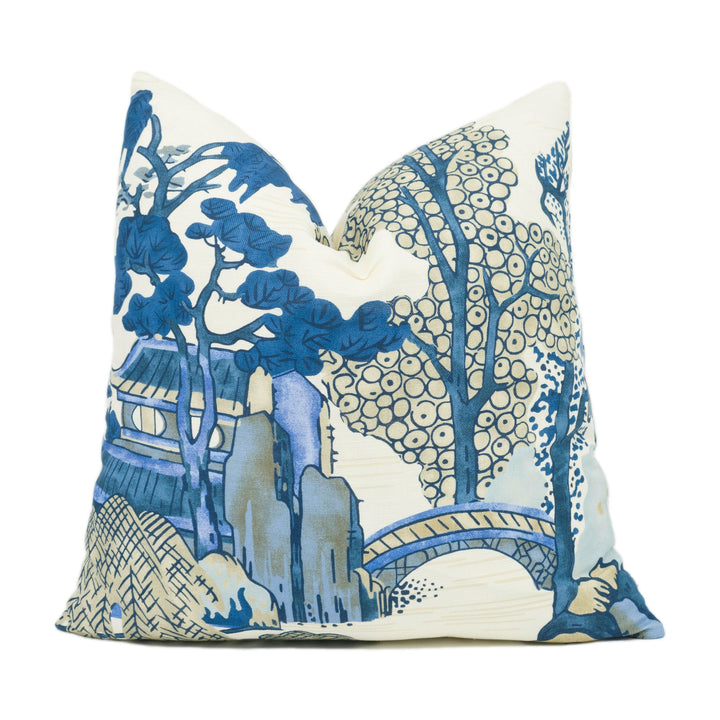Thibaut - Asian Scenic - Blue and Beige - Chic Chinoiserie Inspired Cushion Cover - Handmade Throw Pillow - Designer Home Décor.