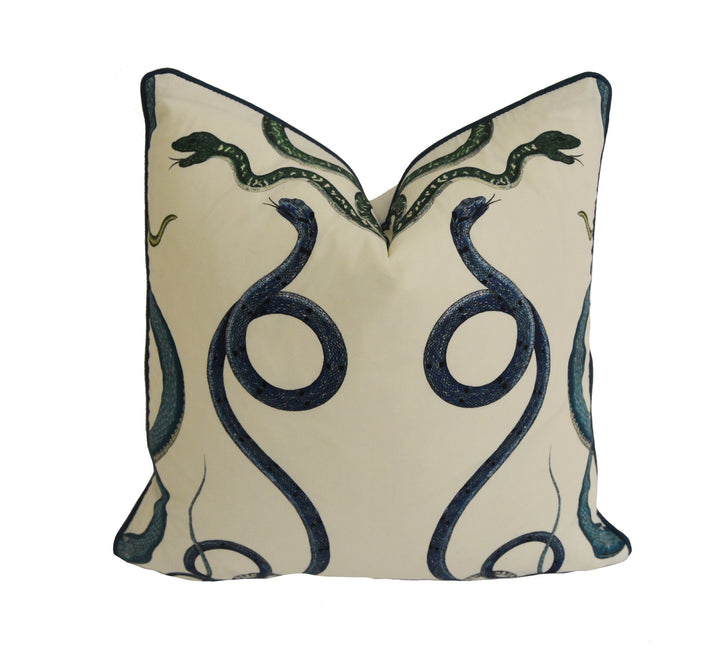 Charlap Hyman &amp; Herrero for Schumacher - Giove - Emerald and Sapphire - Majestic Mythological Snake Cushion Cover Designer Throw Pillow