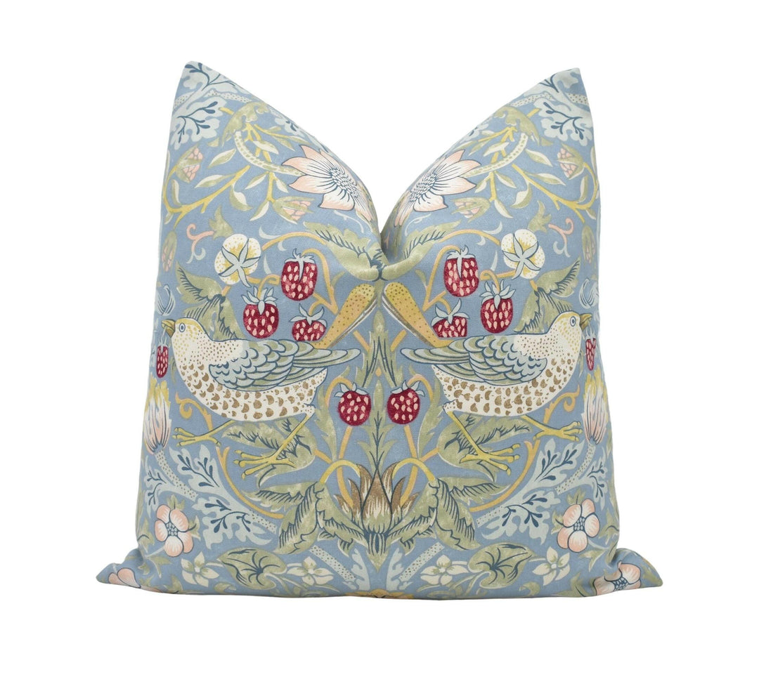 William Morris - Strawberry Thief - Slate / Vellum - Iconic Floral Morris Designer Cushion Cover - Handmade Cheeky Bird Blue Pillow Cover.