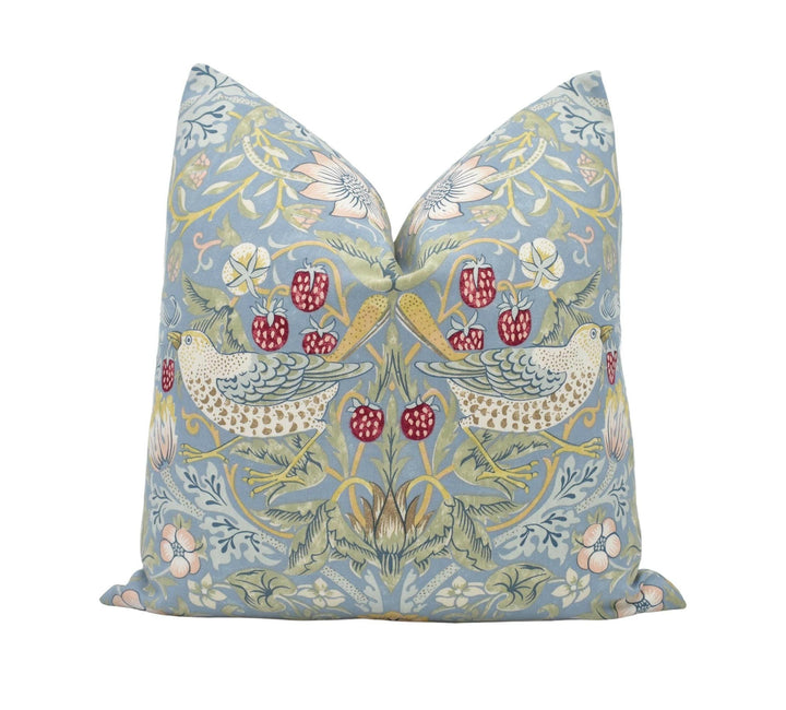 William Morris - Strawberry Thief - Slate / Vellum - Iconic Floral Morris Designer Cushion Cover - Handmade Cheeky Bird Blue Pillow Cover.