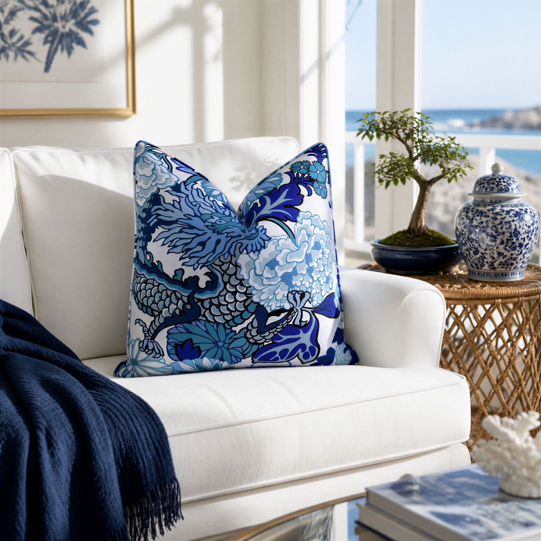 a cozy living room with a white sofa, a blue and white patterned throw pillow, a white armchair, and a small bonsai tree on a side table. The room has a window overlooking the ocean, and there is a framed picture on the wall.