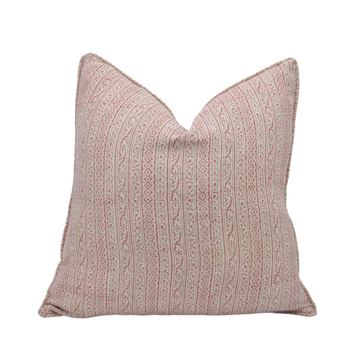 GP & J Baker - Cherbury - Red - Indian Handprint Designer Cushion - Intricate Small Scale Floral Stripe Pillow - Red Linen Custom Pillow.