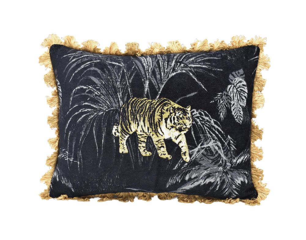 A decorative pillow with a black background and a tiger illustration.