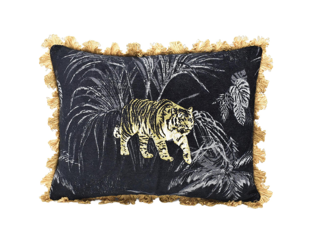A decorative pillow with a black background and a tiger illustration.