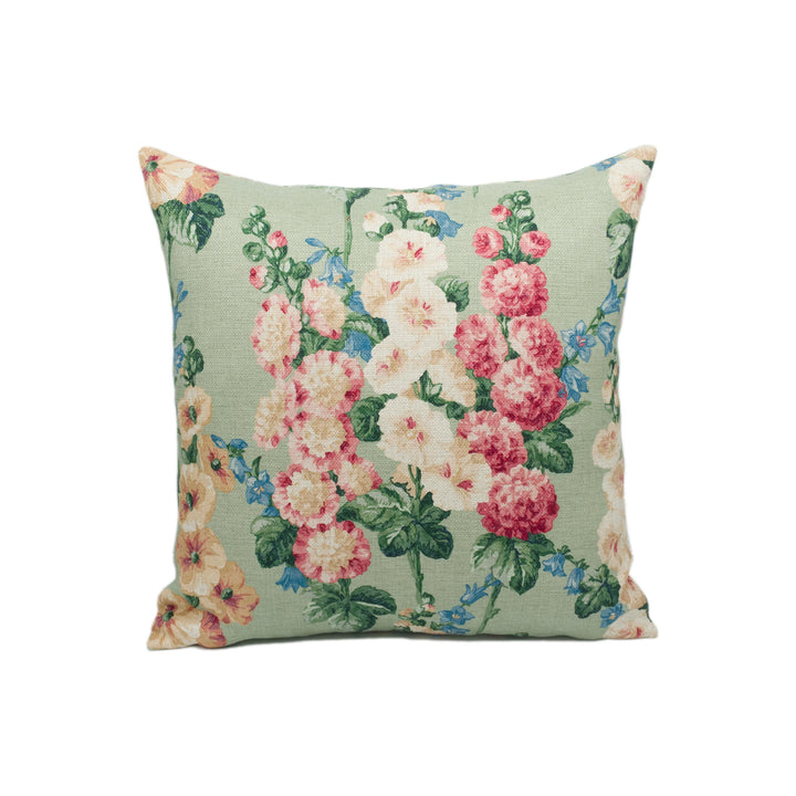 Sanderson - Hollyhocks - Sage / Rose - Vintage Floral Linen