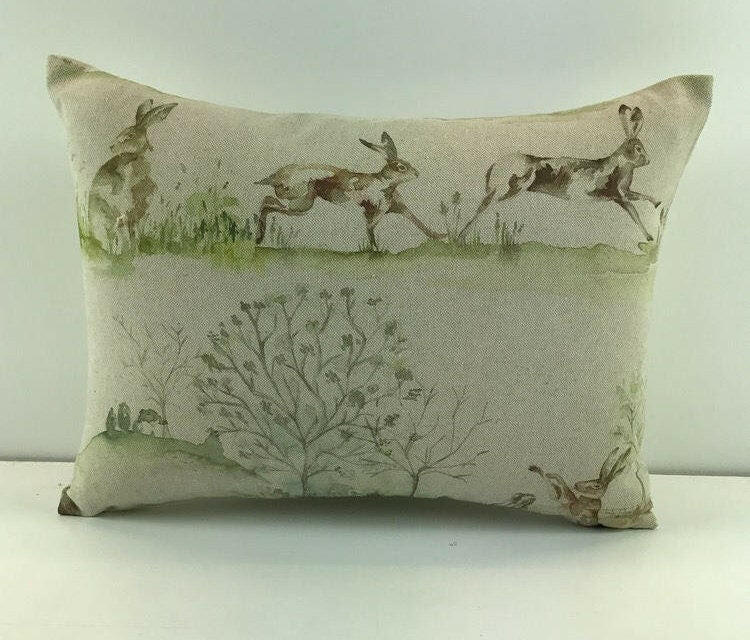 Voyage - Boxing Hares -  Linen - Cute Rabbit Cushion Cover Throw Pillow Designer Home Decor.