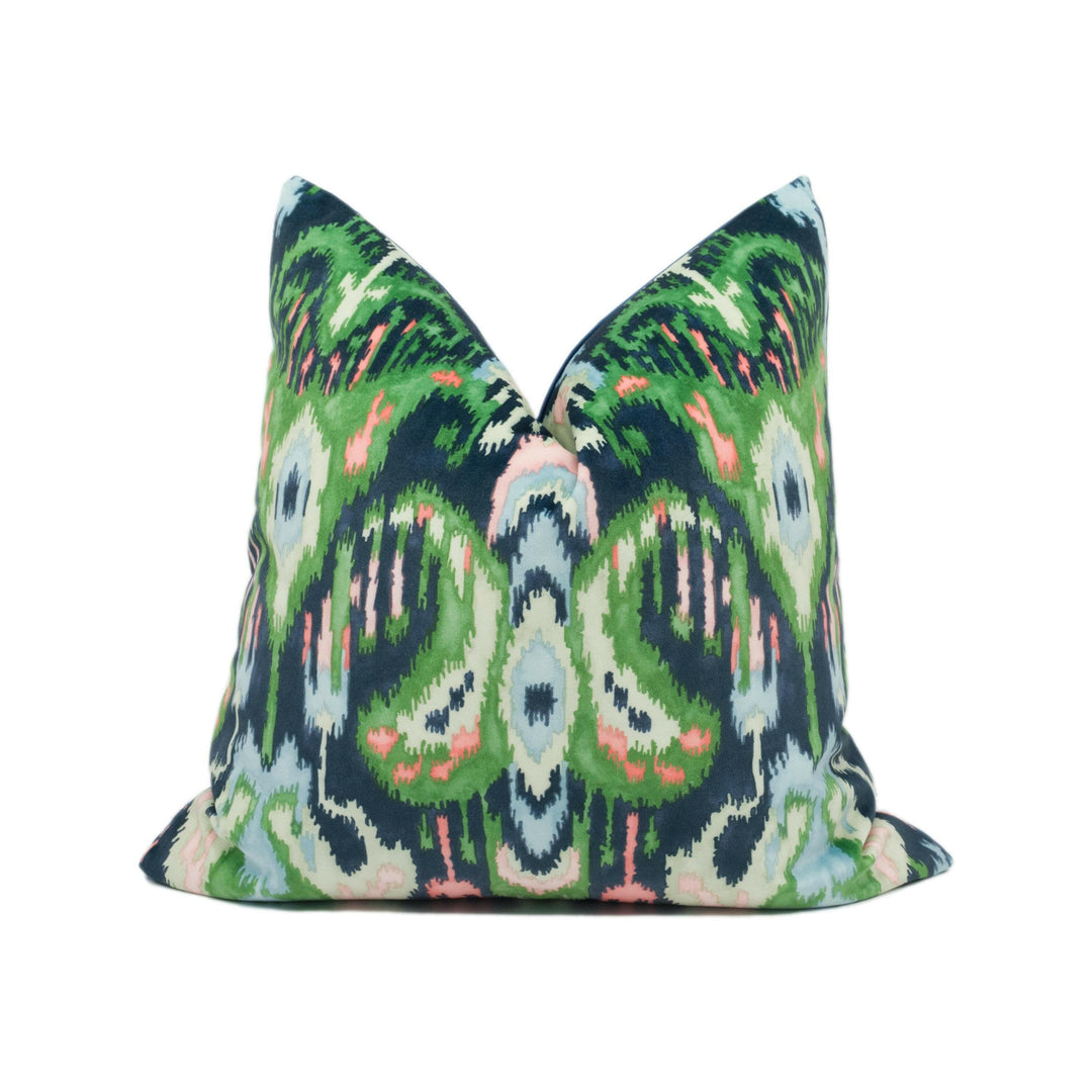 Linwood - Bukhara - Emerald - Sumptuous Ikat Velvet Designer Cushion Cover - Bright Colourful Luxury Throw Pillow - Handmade Home Decor.