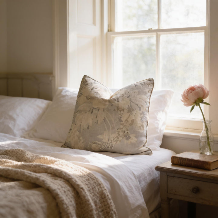 A cozy bedroom scene with a floral patterned pillow, a white comforter, and a vase of flowers on a nightstand.